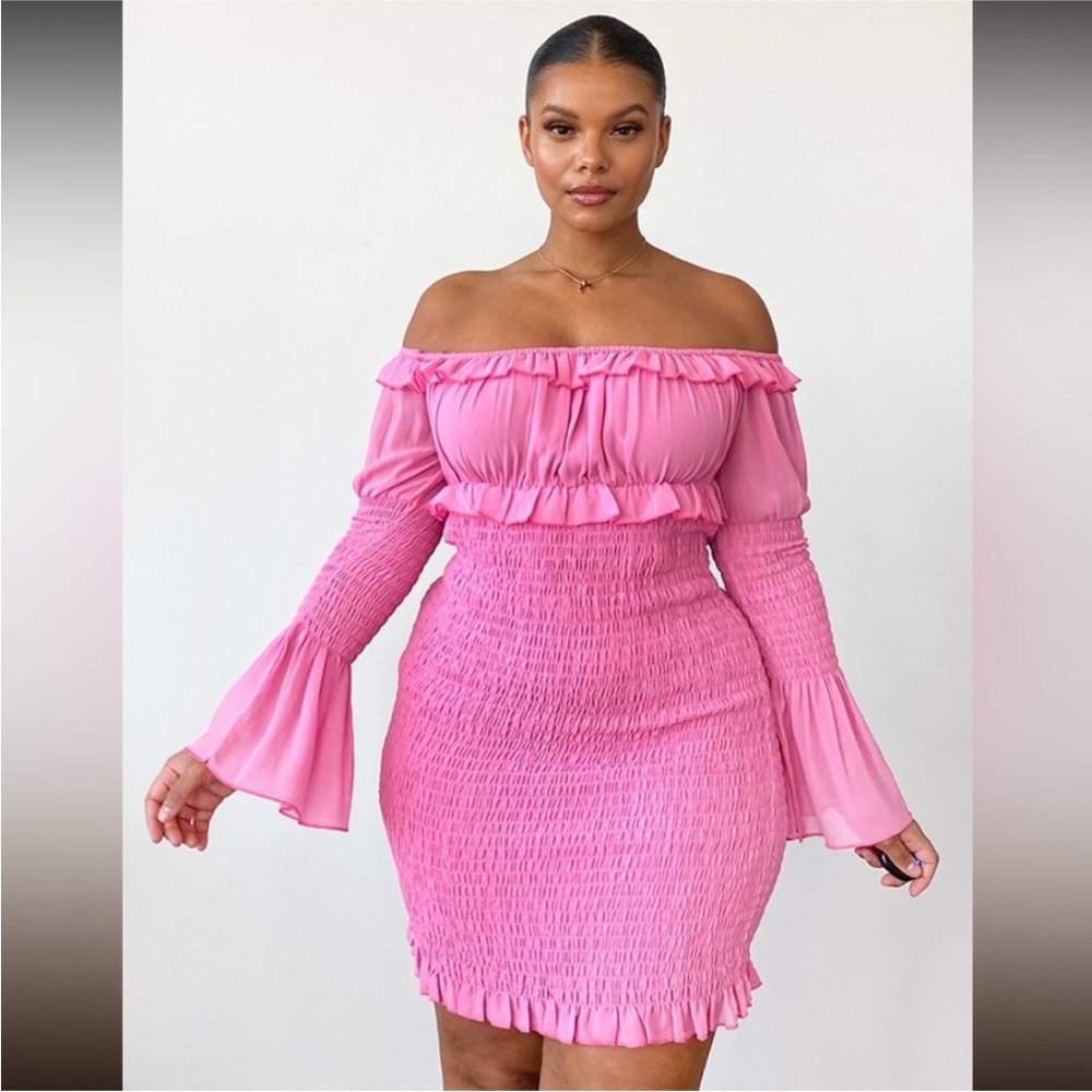 PrettyLittleThing Pink Chiffon Dress|Off The Shoulder|Bell Sleeves. Size 16